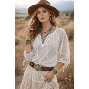 Sundance Swiss Dot Blouse Sz Small White Peasant Tie Coastal Gauze Boho Beachy